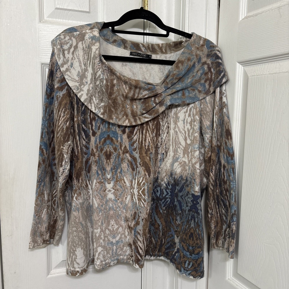 Nic & Zoe Women Sweater Cowl Neck 3/4 Sleeve Watercolor 2X Brown Blue Multi